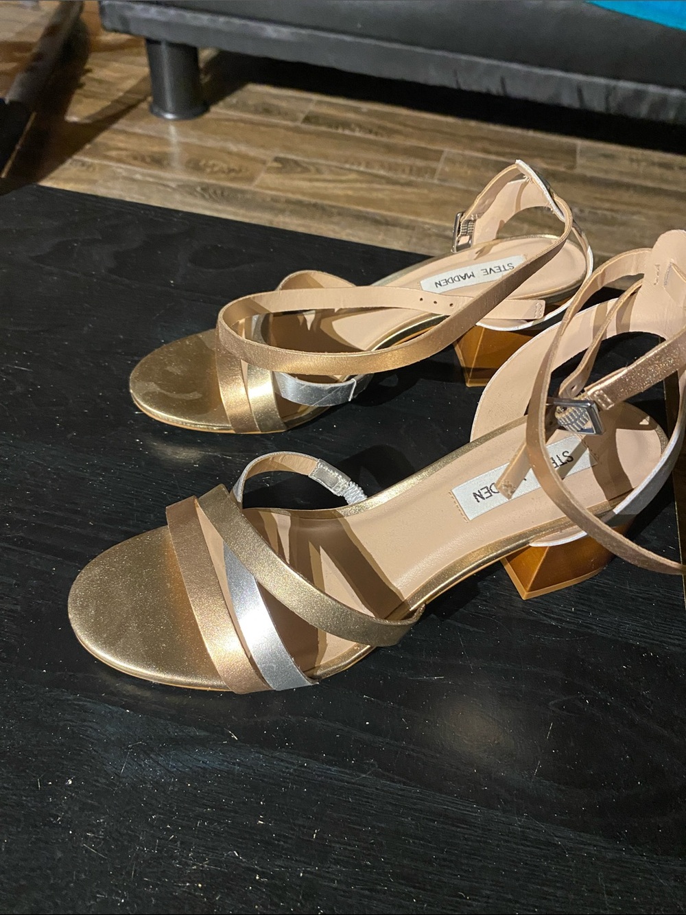 Steve Madden Gold and Silver Strappy Low Block Heel Sandals